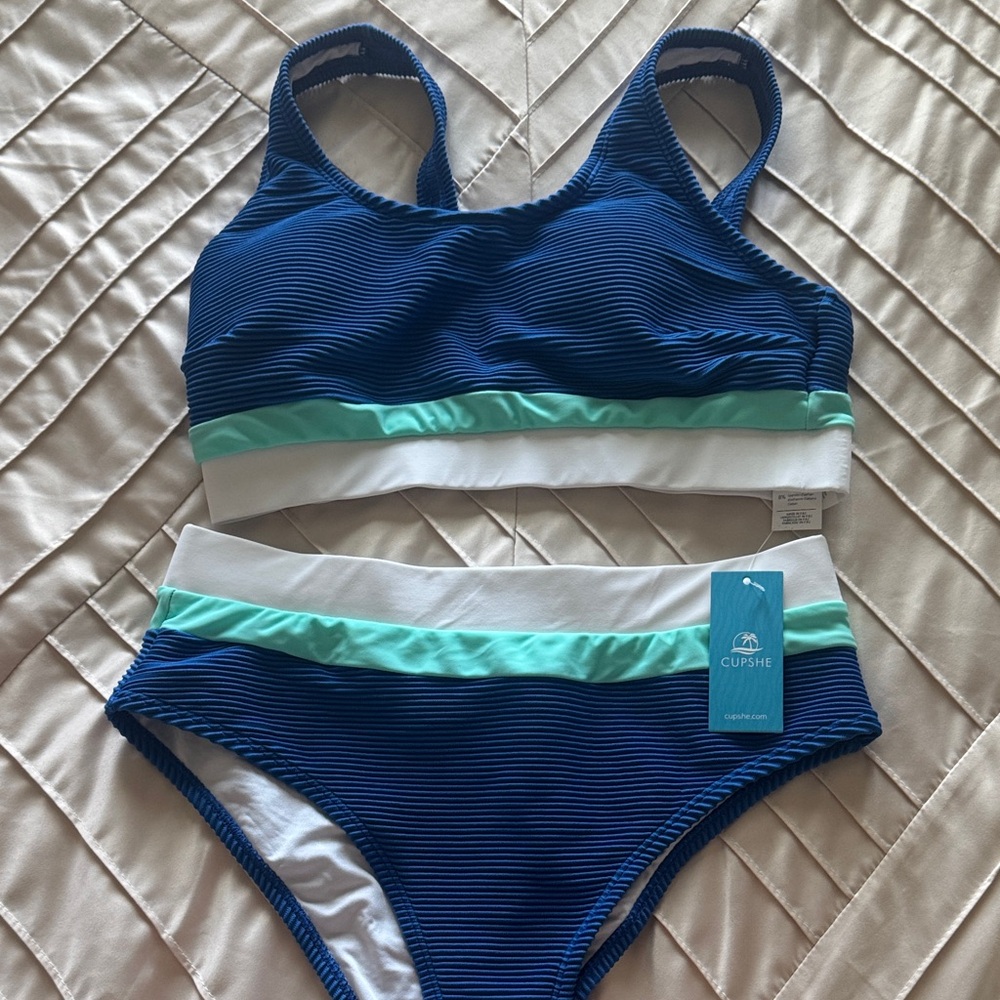 Cupshe Royal Blue Bikini Set with Mint and White Bands